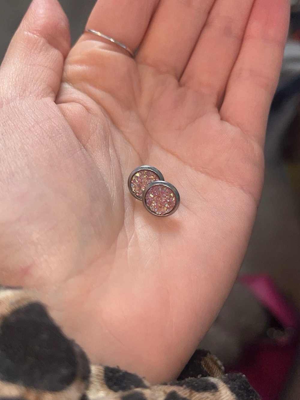 EUC Stainless Steel Pink Sparkle Geode Gem Earrings